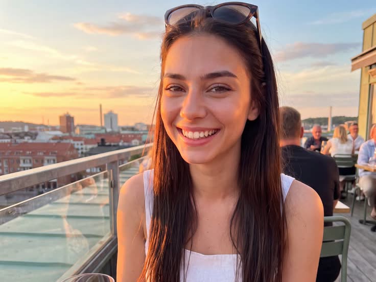 Foto de una mujer en una terraza al atardecer, usada como referencia de persona